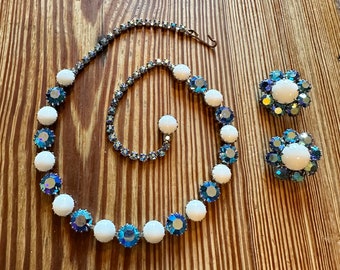 Sparkly signed Weiss blue aurora borealis and white milk glass choker necklace and clip earrings demi parure set