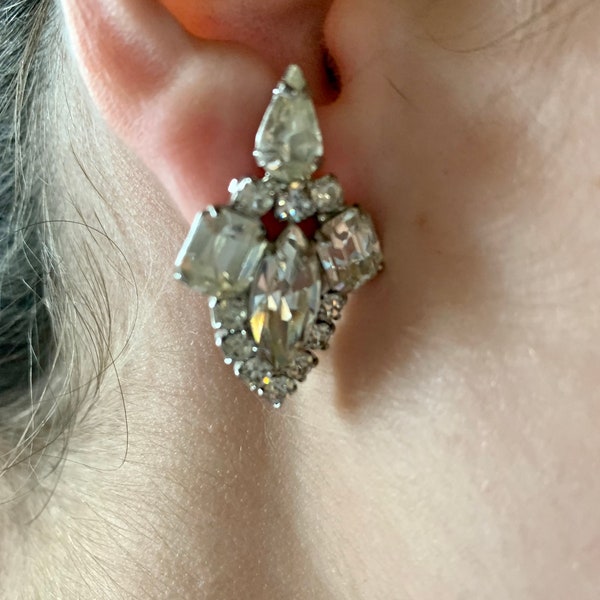 Fancy Weiss signed clip on sparkly marquise earrings