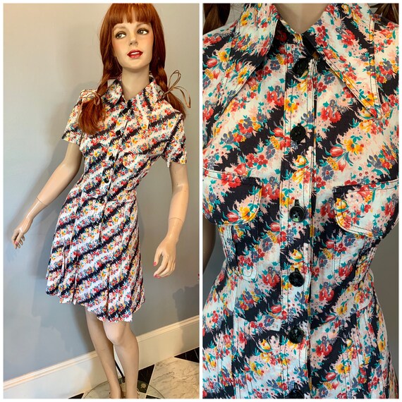 70s dagger collar floral shirtdress, minidress-Sma