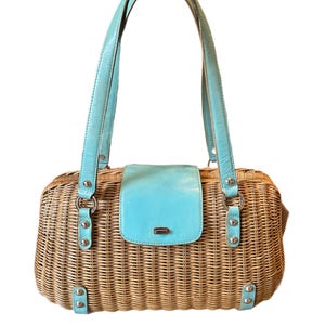 Vintage Monsac Wicker Basket Purse With Aqua Blue Leather Accents