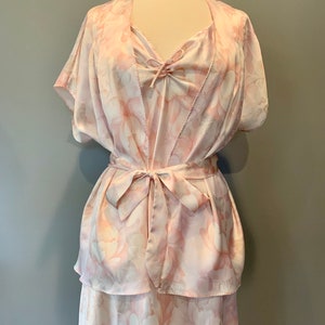 Vintage 80s Halston III pink negligee peignoir sleep lounge set-Lg 38&quot;Bust
