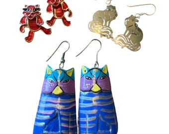 Assorted vintage cat, kitty pierced earrings, enamel, wood and gold toned, your choice!