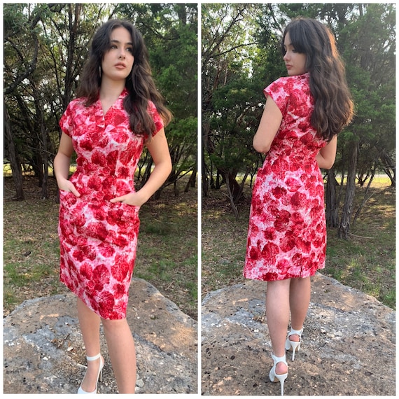 Red, pink cotton leaf wiggle dress w/pockets-26-2… - image 1