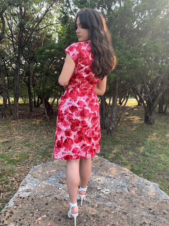 Red, pink cotton leaf wiggle dress w/pockets-26-2… - image 5