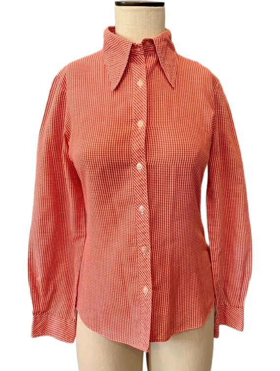 70s red checked dagger collar button down blouse,… - image 1
