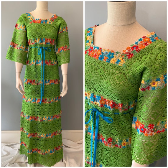 Vintage bright green cotton lace floral Mexican w… - image 1