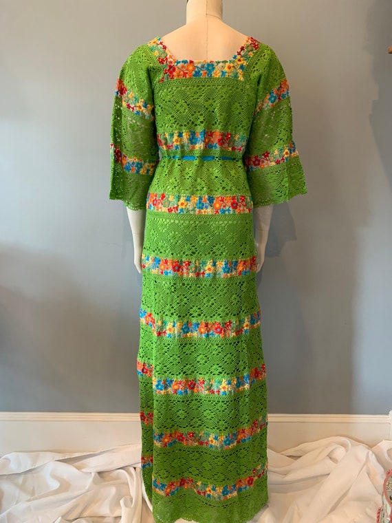 Vintage bright green cotton lace floral Mexican w… - image 3
