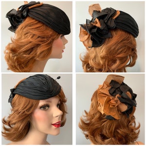 Black satin 1940s Harzfelds fancy dress tilt hat, fascinator