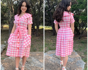 Darling 50s pink gingham cotton dress-26"W