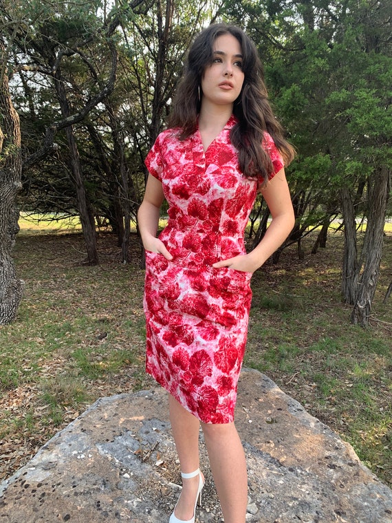Red, pink cotton leaf wiggle dress w/pockets-26-2… - image 3