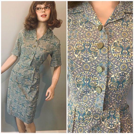 Vintage 40s bird motif cotton Juniors shirtwaist-S
