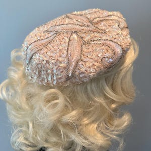 Darling fancy pink beaded 50s sequined scalloped hat, juliette cap