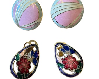 Lot of 2 pairs enamel and cloisonne clip earrings, butterflies