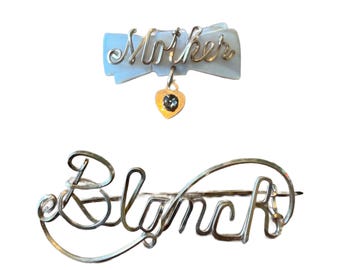 Vintage gold filled wire art Blanch and Mother personalized art name pins, brooches