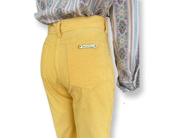 Lemon yellow 70s Diane Von Furstenburg wide leg high rise corduroy pants-30"W
