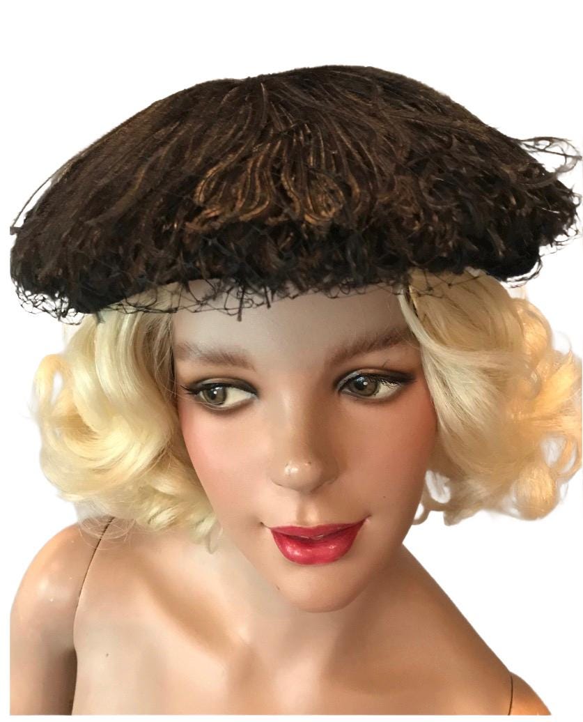Vintage 1940s Black Velvet Hat With Ostrich Feather  display picture 2