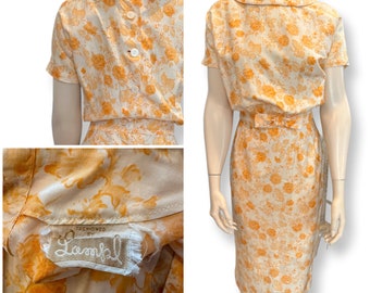 Early 50s day dress Lampl orange and white floral cotton-27"W