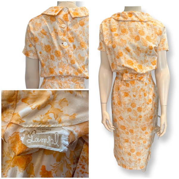 Early 50s day dress Lampl orange and white floral cotton-27"W