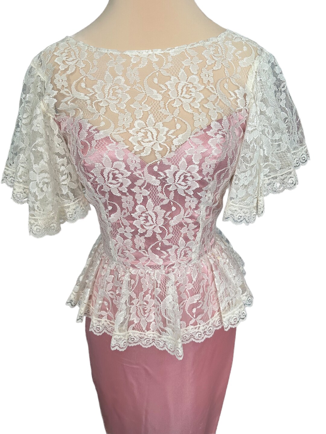 80s Gunne Sax Pink Satin Dress, Cream Lace Peplum, Romantic Party Dress ...