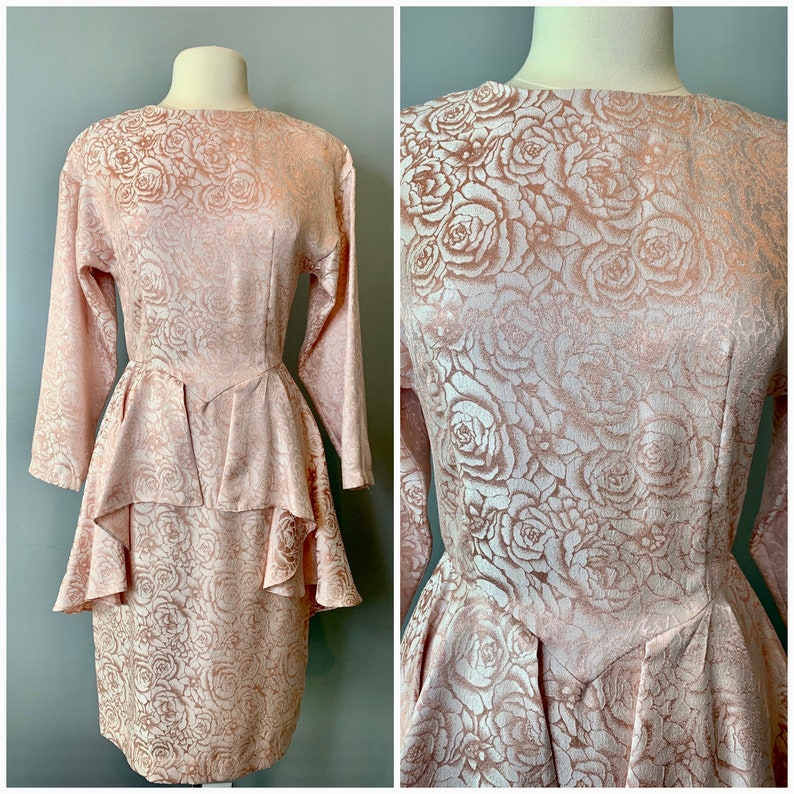 80s peplum pink roses dress-Sz 10 28W image 1