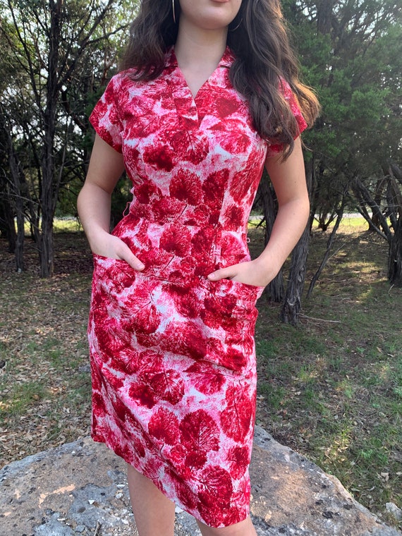 Red, pink cotton leaf wiggle dress w/pockets-26-2… - image 2