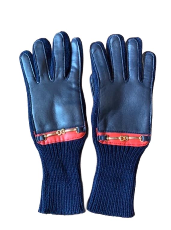 Darling red and navy 70s knit and vinyl gloves-NOS