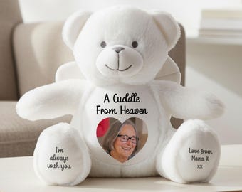 Personalised Angel 'Cuddle From Heaven' Memory Teddy Bear - A Custom Photo Memorial Gift