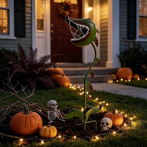 May include: A green and red metal venus flytrap garden stake with a wide-open mouth featuring sharp teeth, positioned in a yard with orange pumpkins, a small skeleton figure, a human skull, and string lights on the ground.
