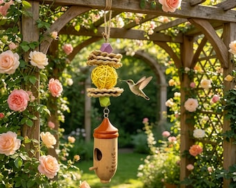 Custom Wooden Hummingbird House with 16 Color Rattan Balls | 8 Styles Handmade Hanging Bird Feeder & Garden Gift for Bird Lovers