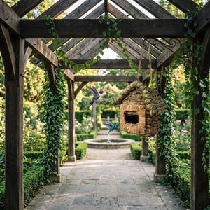 May include: A hanging birdhouse crafted from woven natural fibers with a square entrance, suspended by a rope. Two hummingbirds, one with purple and green plumage and one with blue and green plumage, are flying near the birdhouse structure.