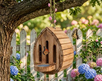 May include: A wooden butterfly house with a rounded top and vertical slats, featuring a small circular platform at the base. The structure is suspended by a jute rope adorned with small pink fabric roses, with a monarch butterfly resting on it.