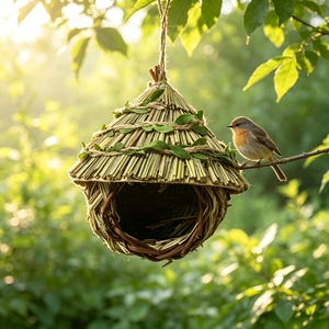 May include: A conical birdhouse crafted from woven straw and dried grass, featuring a circular entrance and decorative green leaves wrapped around the exterior. A small brown and grey bird with an orange breast perches on a thin branch nearby.