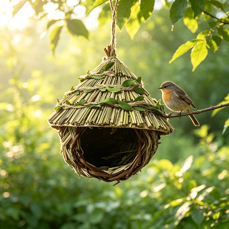 May include: A conical birdhouse crafted from woven straw and dried grass, featuring a circular entrance and decorative green leaves wrapped around the exterior. A small brown and grey bird with an orange breast perches on a thin branch nearby.