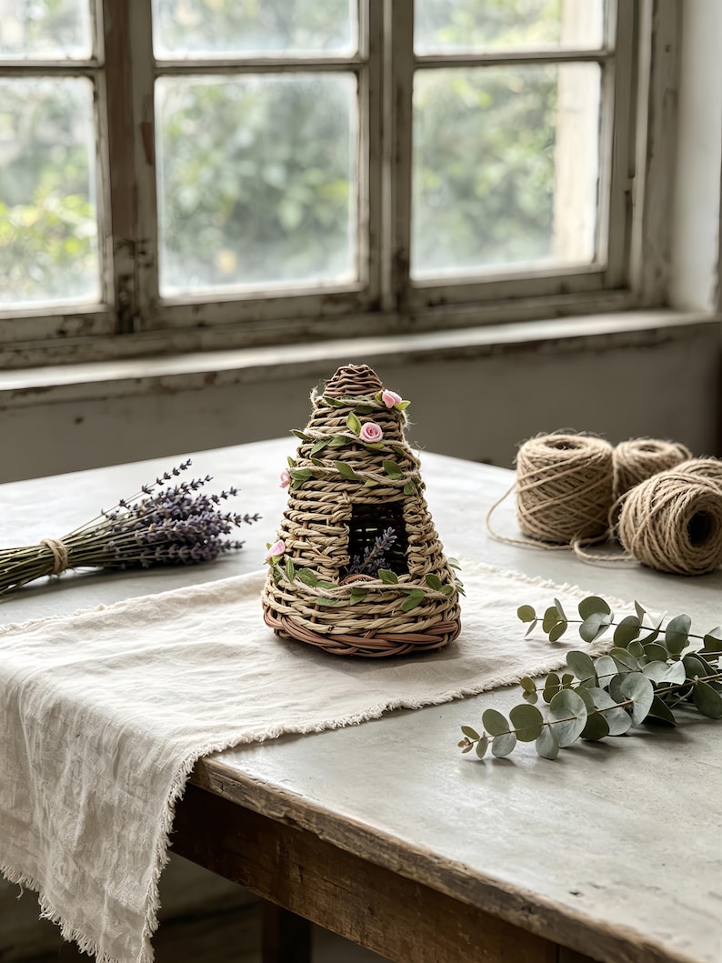 May include: A conical beehive skep crafted from woven natural fibers, featuring a small rectangular entrance. The structure is decorated with thin green vines and small pink fabric flowers wrapped around the exterior in a spiral pattern.