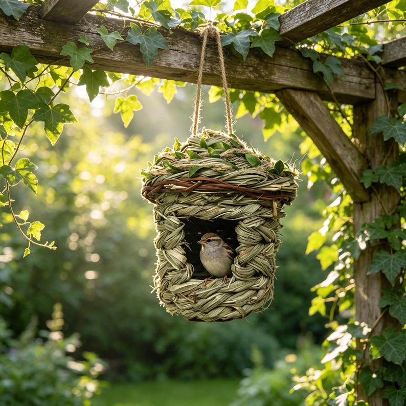 May include: A woven birdhouse made of light green dried grass and brown twigs, featuring a central opening with a small brown and white bird perched inside. The structure is suspended by a thick jute rope from a wooden garden trellis.