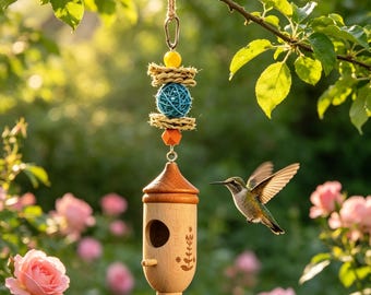 Handmade Wooden Hummingbird House, Outdoor Garden Decor, Unique Hanging Birdhouse, Practical Father's Day Gift for Bird Lovers