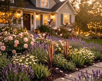 May include: A set of copper-colored metal garden stakes shaped like calla lilies with long stems and pointed leaves, positioned in a flower bed filled with pink roses, purple lavender, and small white flowers in front of a house.