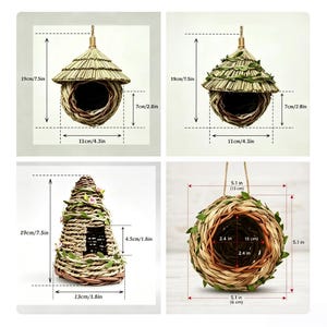 May include: A collection of woven bird nests and shelters made from natural fibers, featuring conical and rounded shapes with green leaf accents. Dimensions are clearly marked, showing heights of 7.5 inches and widths of 4.3 inches to 5.1 inches.
