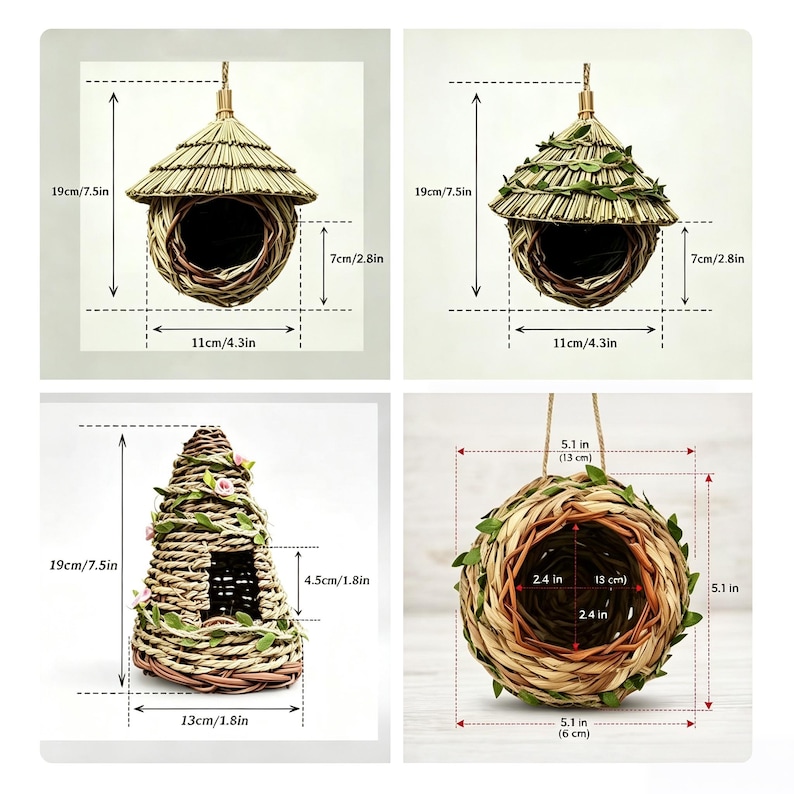 May include: A collection of woven bird nests and shelters made from natural fibers, featuring conical and rounded shapes with green leaf accents. Dimensions are clearly marked, showing heights of 7.5 inches and widths of 4.3 inches to 5.1 inches.