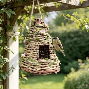 May include: A conical birdhouse woven from natural light brown wicker, featuring a central arched opening. The structure is decorated with thin twine, green fabric leaves, and small pink fabric roses, suspended by a thick jute rope loop.