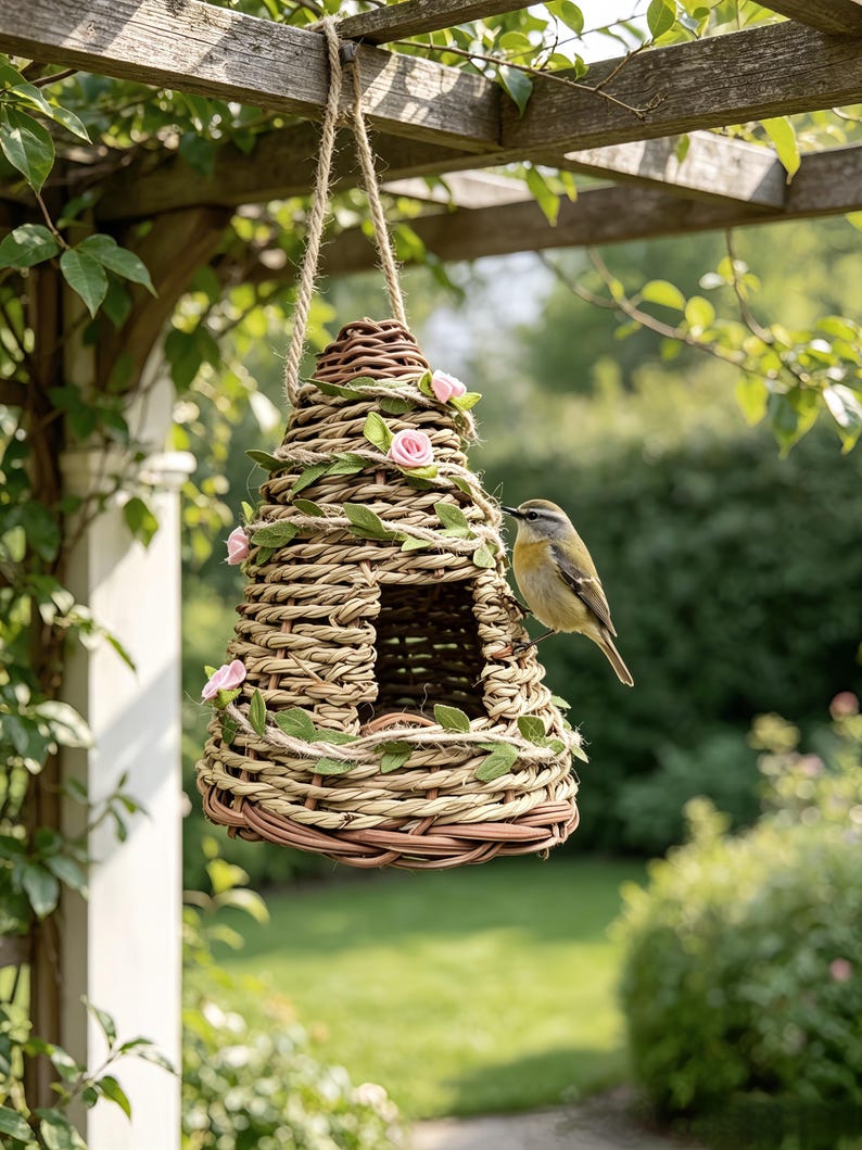 May include: A conical birdhouse woven from natural light brown wicker, featuring a central arched opening. The structure is decorated with thin twine, green fabric leaves, and small pink fabric roses, suspended by a thick jute rope loop.