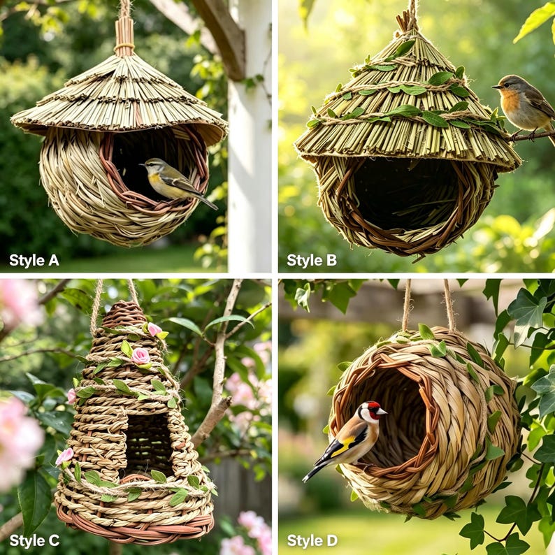May include: Four hanging birdhouses labeled Style A, B, C, and D. Style A is a round woven nest with a thatched roof. Style B is a conical woven nest with green leaves. Style C is a tall woven tower with pink flowers. Style D is a round woven nest.