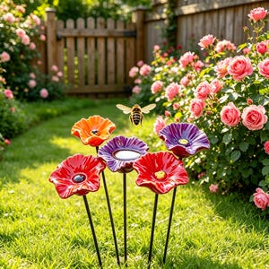 May include: A collection of colorful ceramic flower garden stakes in red, orange, and purple. Each flower has a black stem and is set in a grassy yard with a wooden fence and rose bushes in the background. A bee is flying above the flowers.