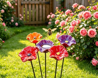 Butterfly Bee Water Station, Ceramic Bee Feeder, Outdoor Pollinator Insect Water Station, Garden Stake, Poppy Flowers, 4 Pack