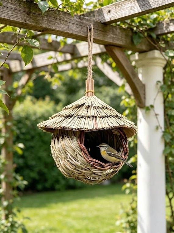 Handcrafted Woven Willow Bird House, Hanging Natural Grass Nest for Outside Garden, Weatherproof Robin Bluebird Nesting Box