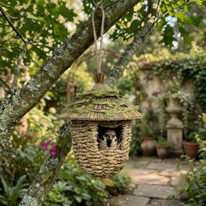 May include: A woven straw birdhouse with a conical roof decorated with green leaves, hanging from a tree branch by a jute rope. A small brown and white sparrow is perched inside the circular opening of the textured, light tan natural fiber structure.