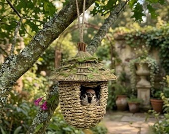 Può includere: Una casetta per uccelli in paglia intrecciata con un tetto conico decorato con foglie verdi, appesa a un ramo d'albero tramite una corda di iuta. Un piccolo passero marrone e bianco è appollaiato all'interno dell'apertura circolare della struttura.