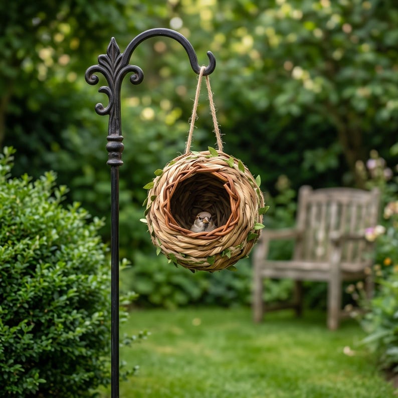 May include: A round, woven bird nest made of light brown twigs and dried grass, accented with small green leaves. The nest hangs from a black metal shepherd's hook by a jute twine loop. A small, light brown bird is visible inside the nest.