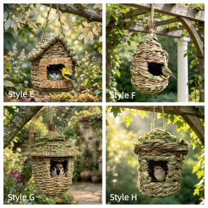 May include: Four hanging birdhouses crafted from woven natural fibers and dried grasses. Style E is house-shaped with a yellow bird and blue eggs. Style F is teardrop-shaped. Style G has a wide roof. Style H features a flat top with green leaves.