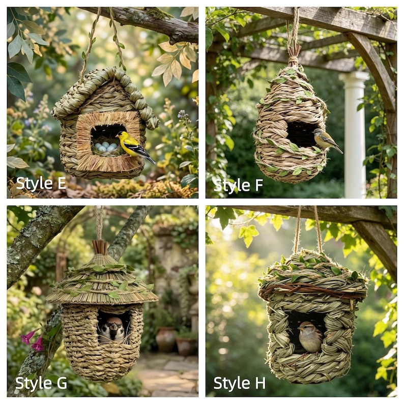 May include: Four hanging birdhouses crafted from woven natural fibers and dried grasses. Style E is house-shaped with a yellow bird and blue eggs. Style F is teardrop-shaped. Style G has a wide roof. Style H features a flat top with green leaves.